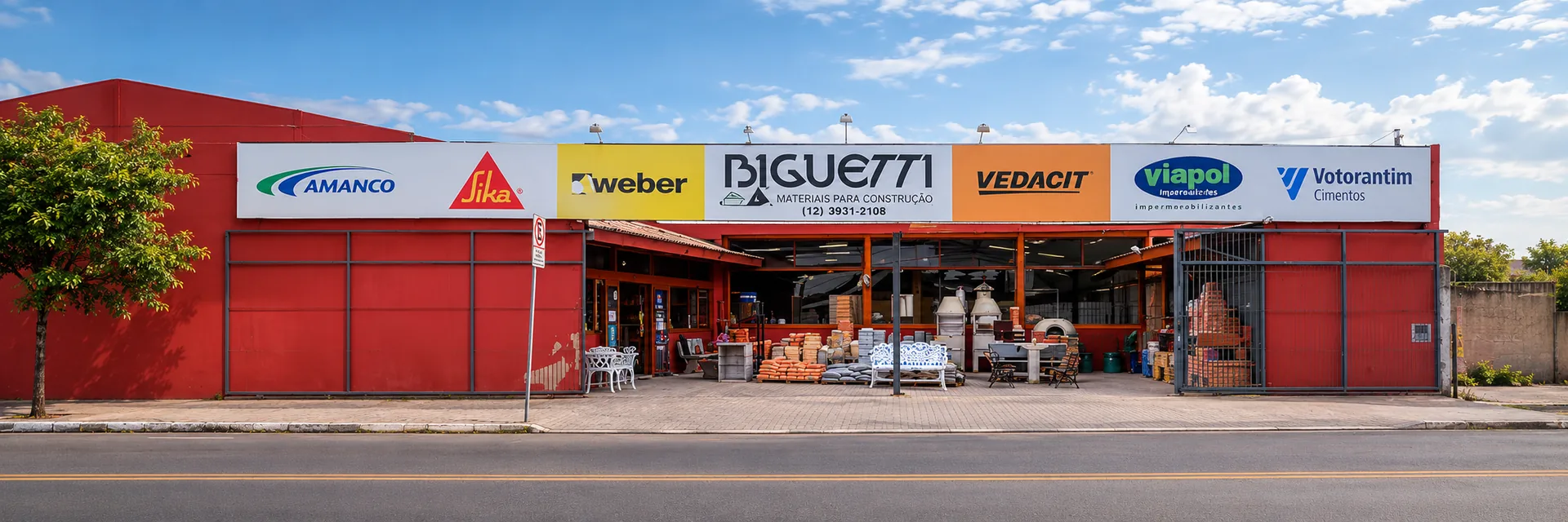 Fachada da loja Biguetti Materiais para Construção em Jacareí com materiais expostos