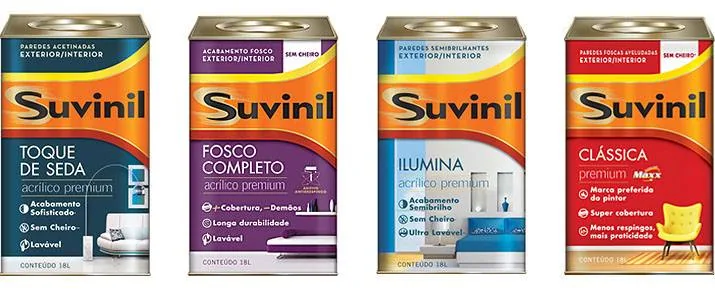 Latas de tinta Suvinil em diferentes linhas